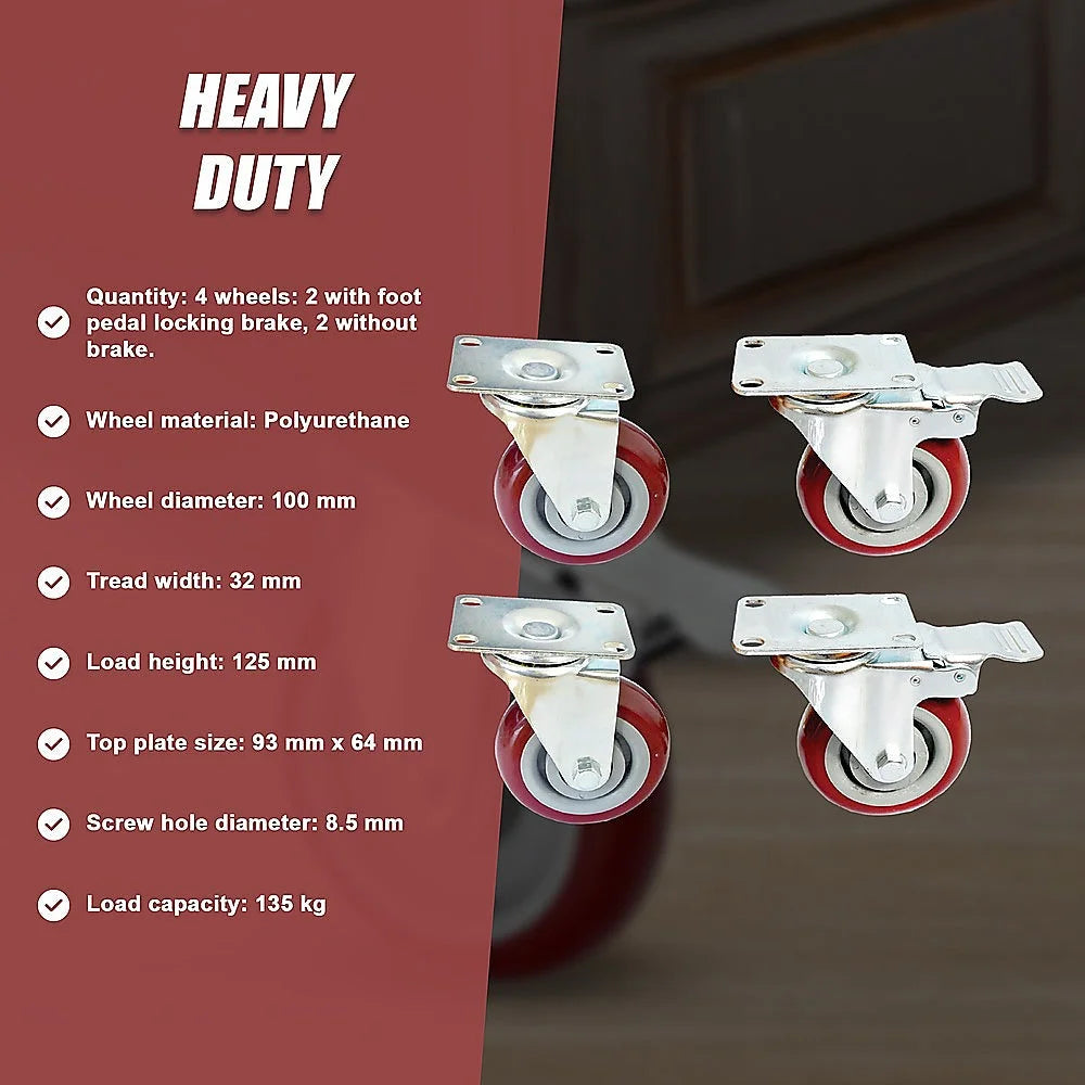 Heavy Duty PU Swivel Castor Wheels with Brake - 4 x 4’’