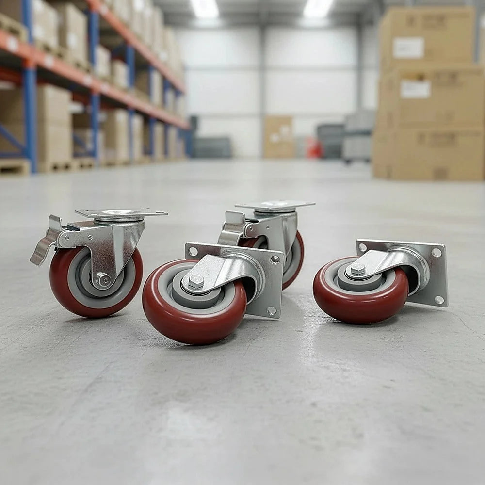 Heavy Duty PU Swivel Castor Wheels with Brake - 4 x 4’’