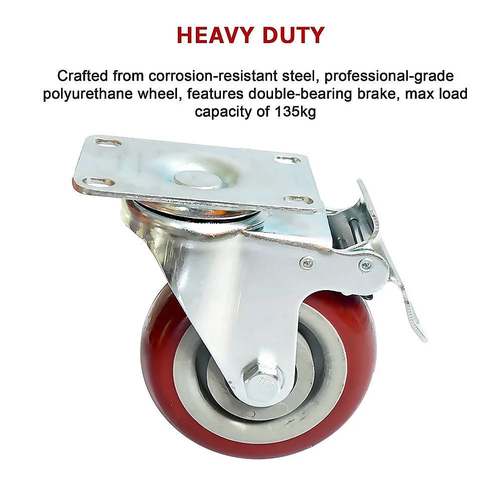 Heavy Duty PU Swivel Castor Wheels with Brake - 4 x 4’’