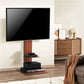 Black TV stand with upright supports and shelf tiers