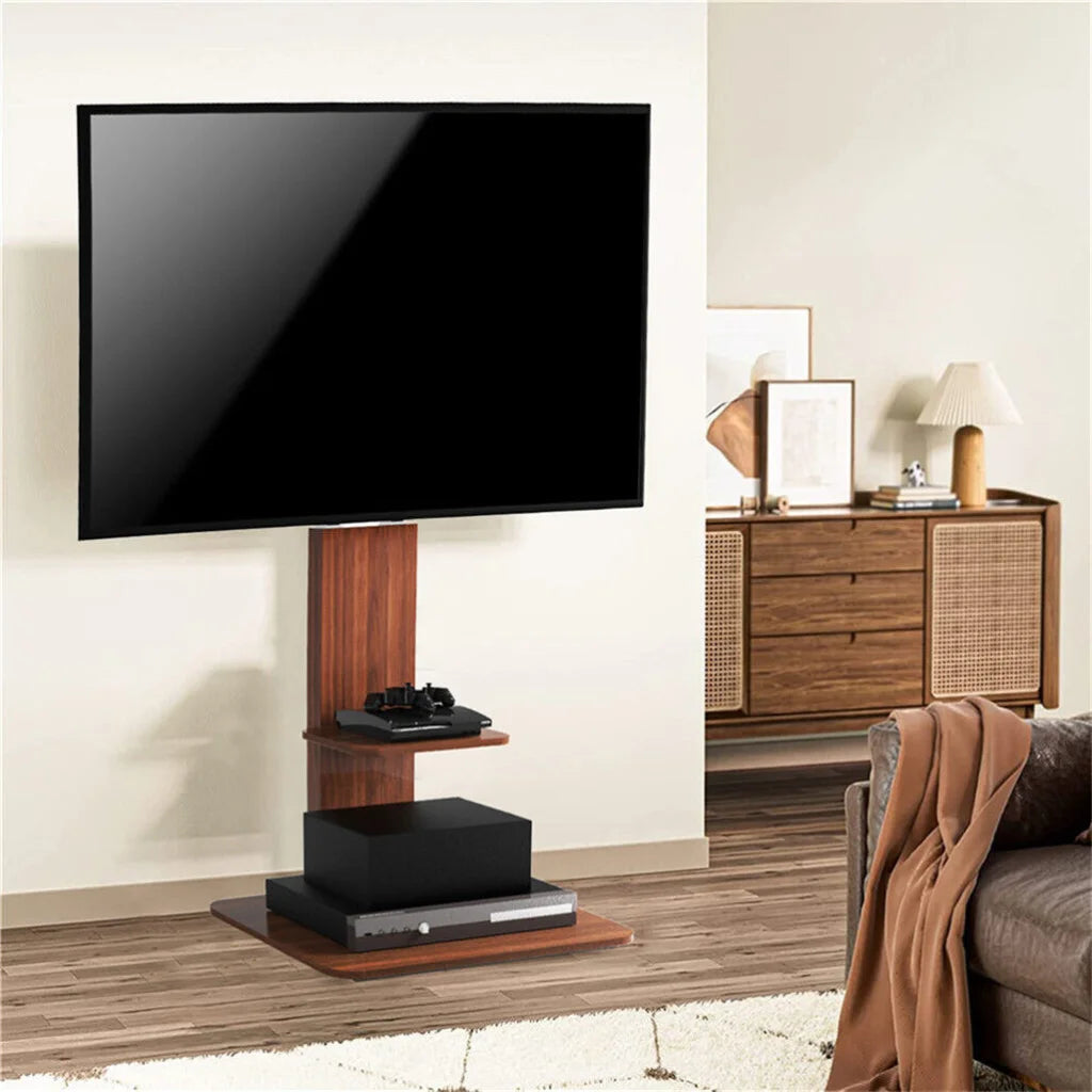 Black TV stand with upright supports and shelf tiers