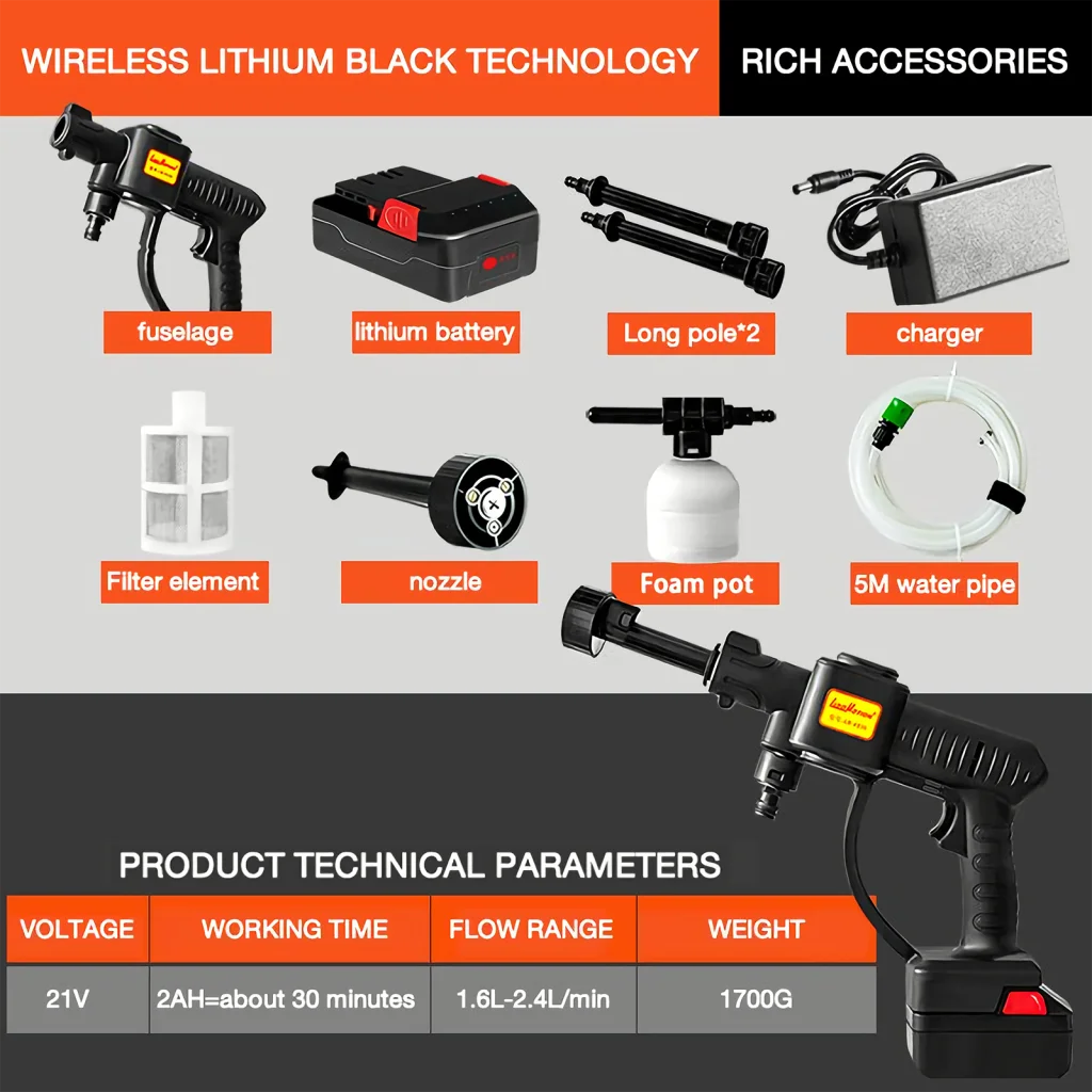 High Pressure Washer 3 in 1 Nozzle Portable Cordless