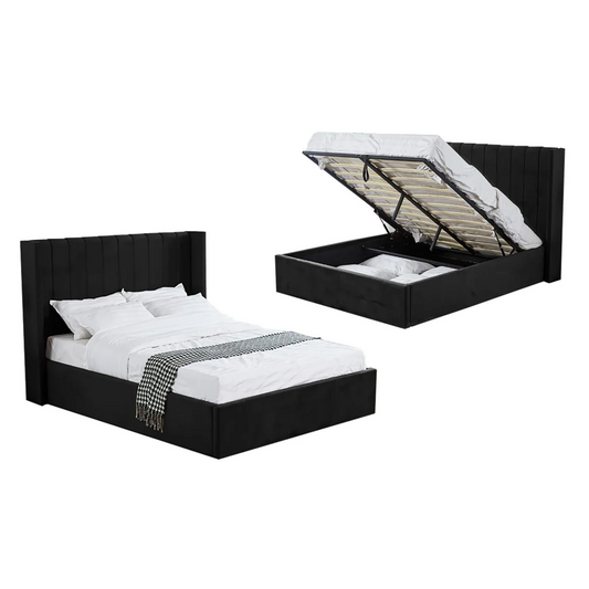 Hilton Black Velvet Gas Lift Bed - King - Furniture >