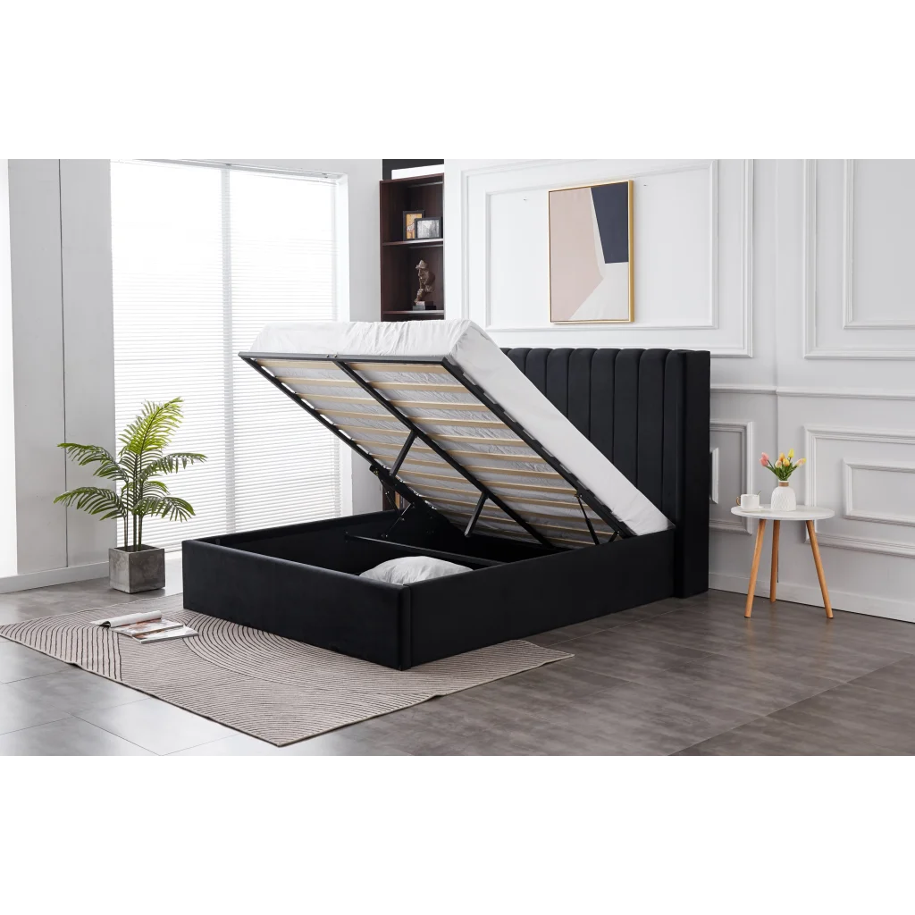 Hilton Black Velvet Gas Lift Bed - Queen - Furniture >