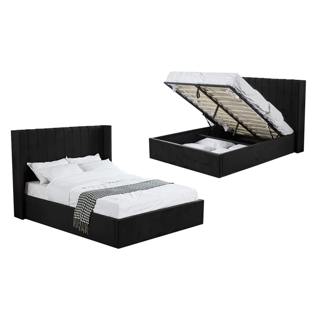 Hilton Black Velvet Gas Lift Bed - Queen - Furniture >