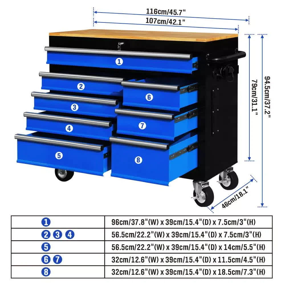 HORUSDY 42 inch 8 Drawer Tool Cabinet 1000 lbs Wood Top