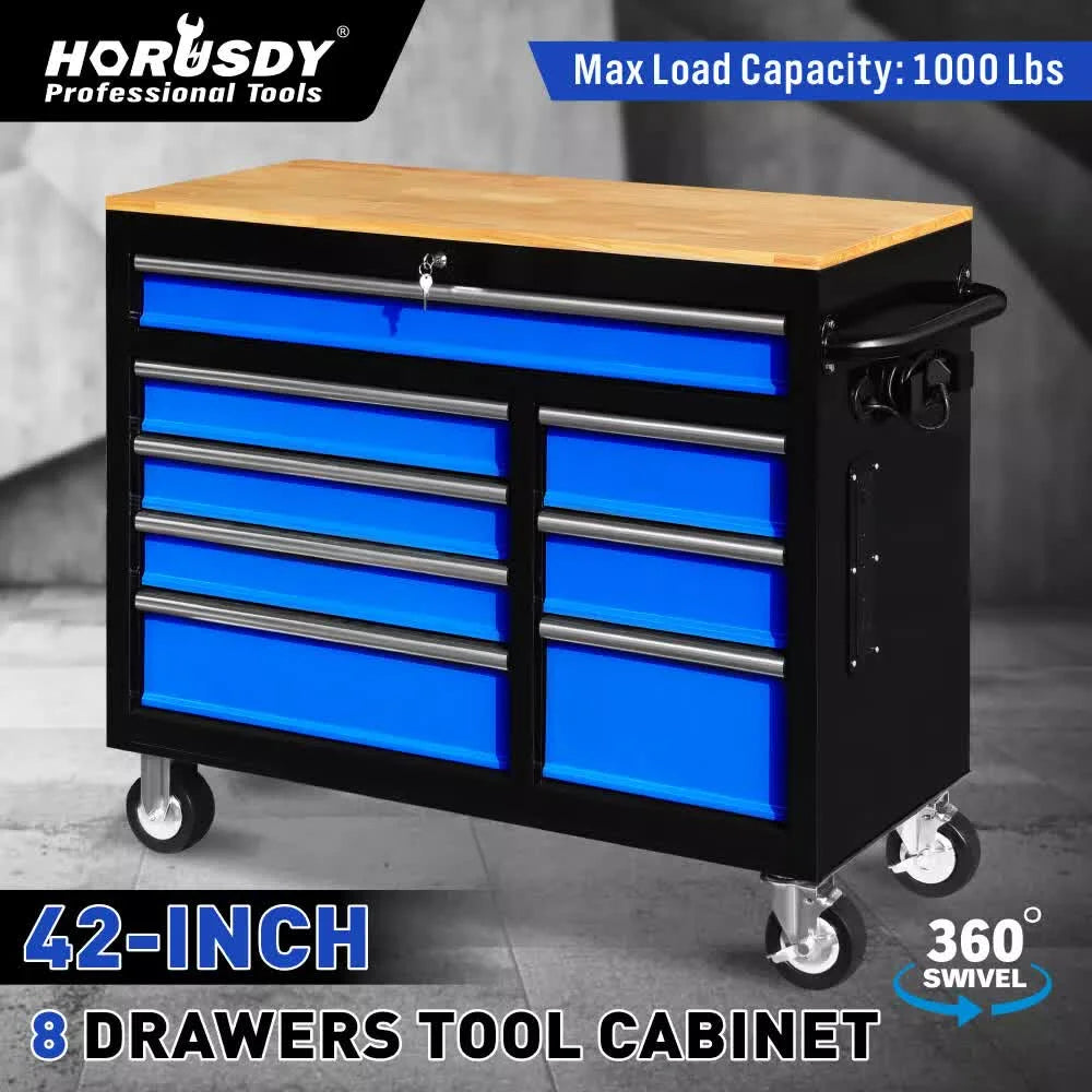 HORUSDY 42 inch 8 Drawer Tool Cabinet 1000 lbs Wood Top