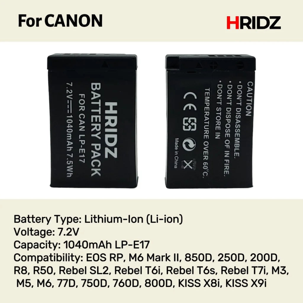 Hridz LP-E17 Batteries & Dual Charger For Canon EOS M6 200D