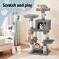 Grey 145cm cat tree with wooden tower shelves and scratching poles