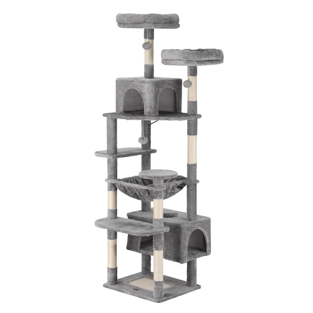 Grey 184cm cat tree with sisal scratching posts and beige platforms