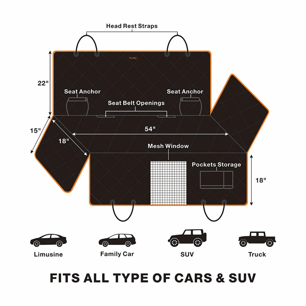 iBuddy Dog Seat Cover Car Hammock w/ Mesh Window & Dog Seat