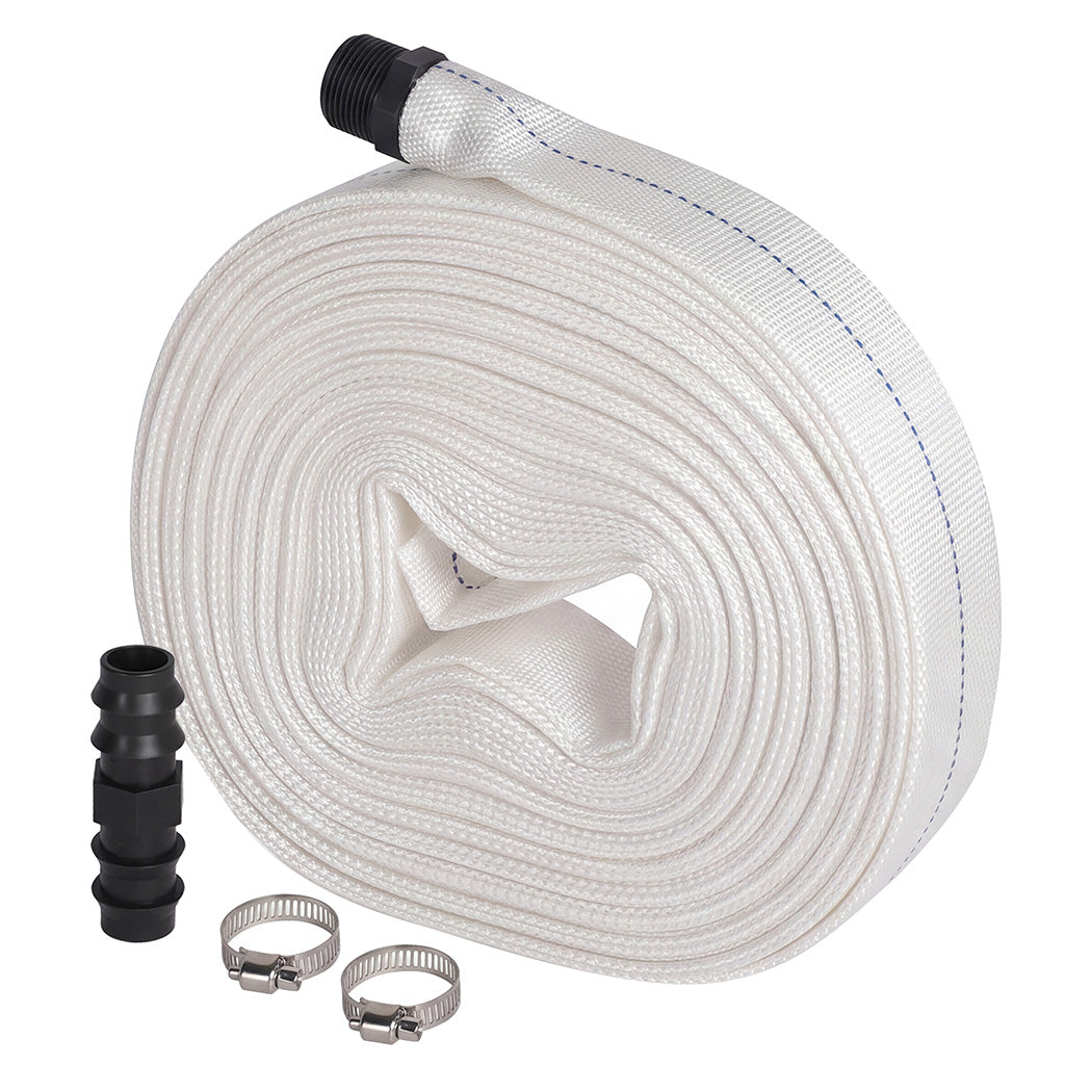 Traderight Hose Pipe Heavy 20m x 25mm Layflat PVC Pump Drainage with Clips White