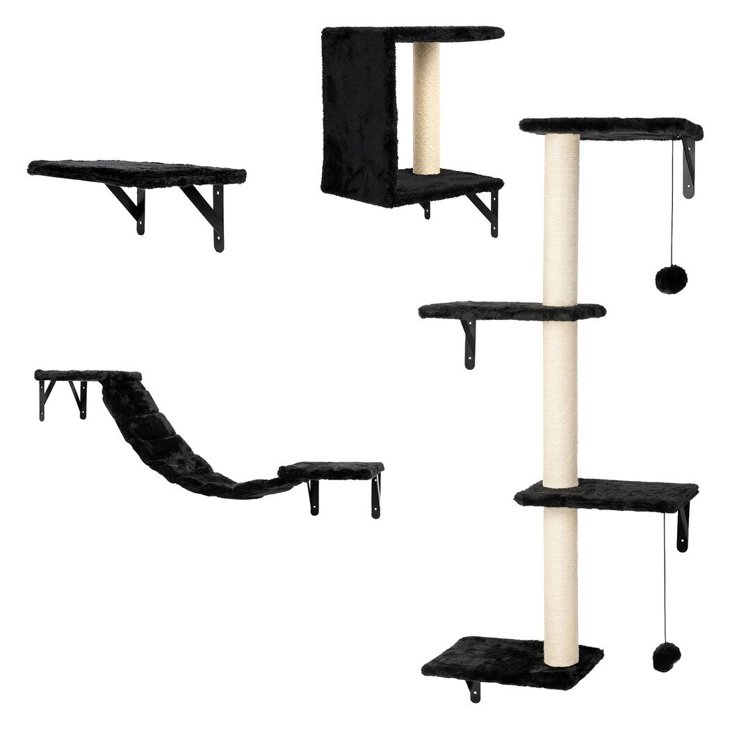 PaWz Cat Wall Shelves set 4 In 1 Modular with Sisal Scratcher for Indoor Black
