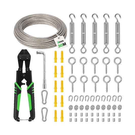 Traderight Wire Rope Kit 30M 3mm Steel Garden for Climbing Plants Cutter Silver