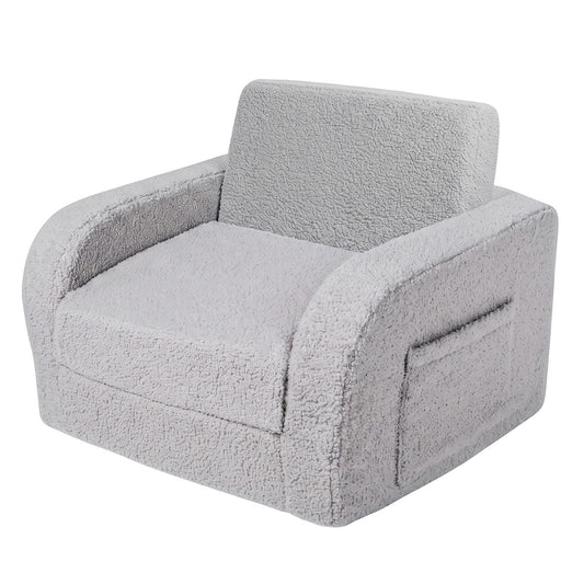 BoPeep Kids Sofa 3-In-1 Fold Out Toddler Chair Teddy Plush for Napping Gray