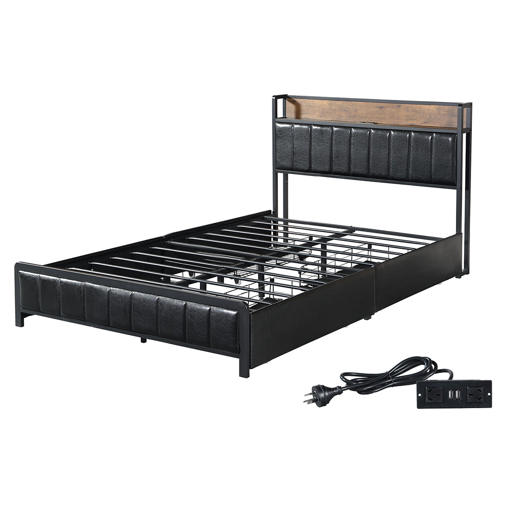 Levede Double Bed Frame PU Mattress Base Storage Drawer Headboard USB Charge