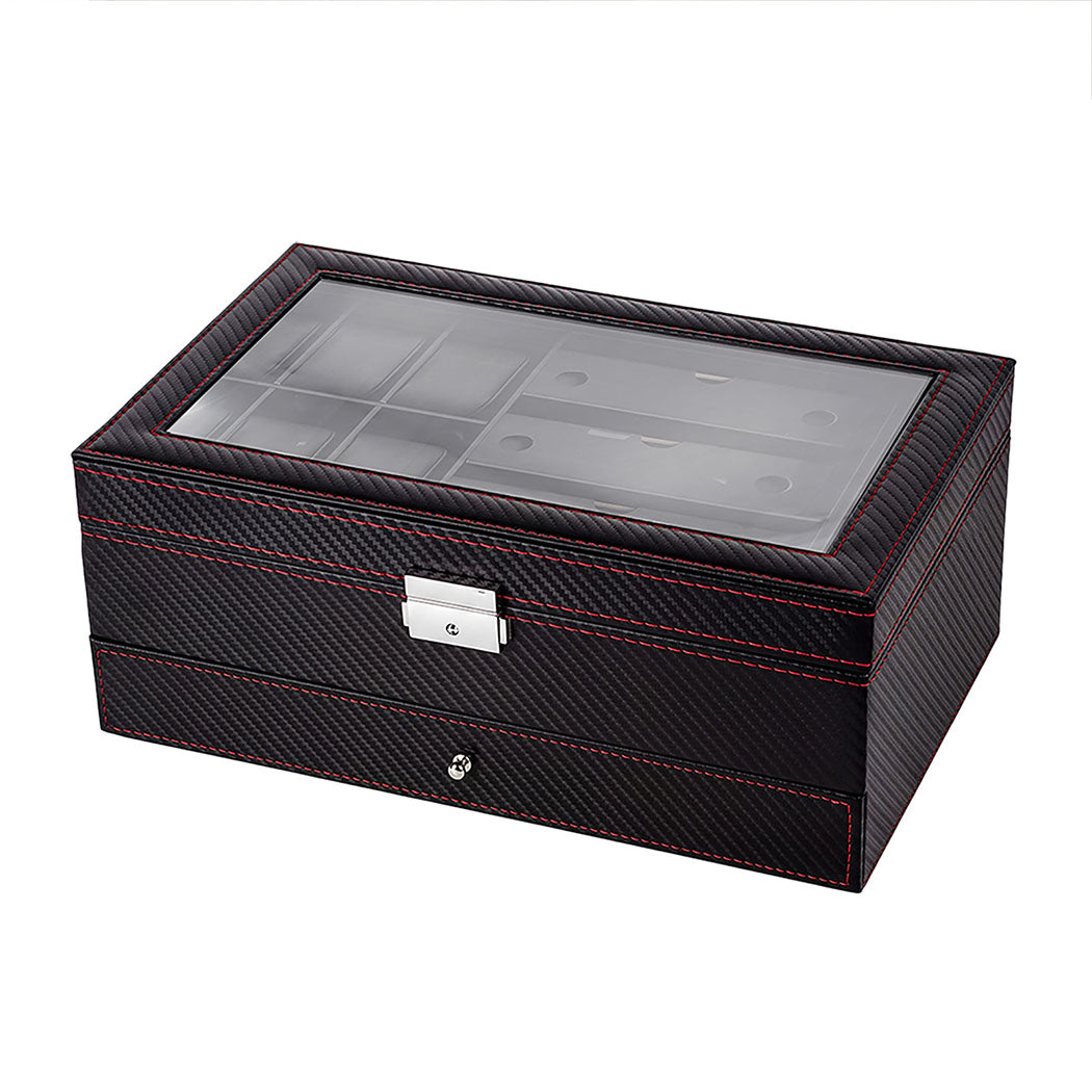 Watch Box 6 Slot Watch Case Jewellry Box PU Leather with Drawer Black