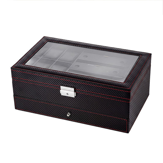 Watch Box 6 Slot Watch Case Jewellry Box PU Leather with Drawer Black