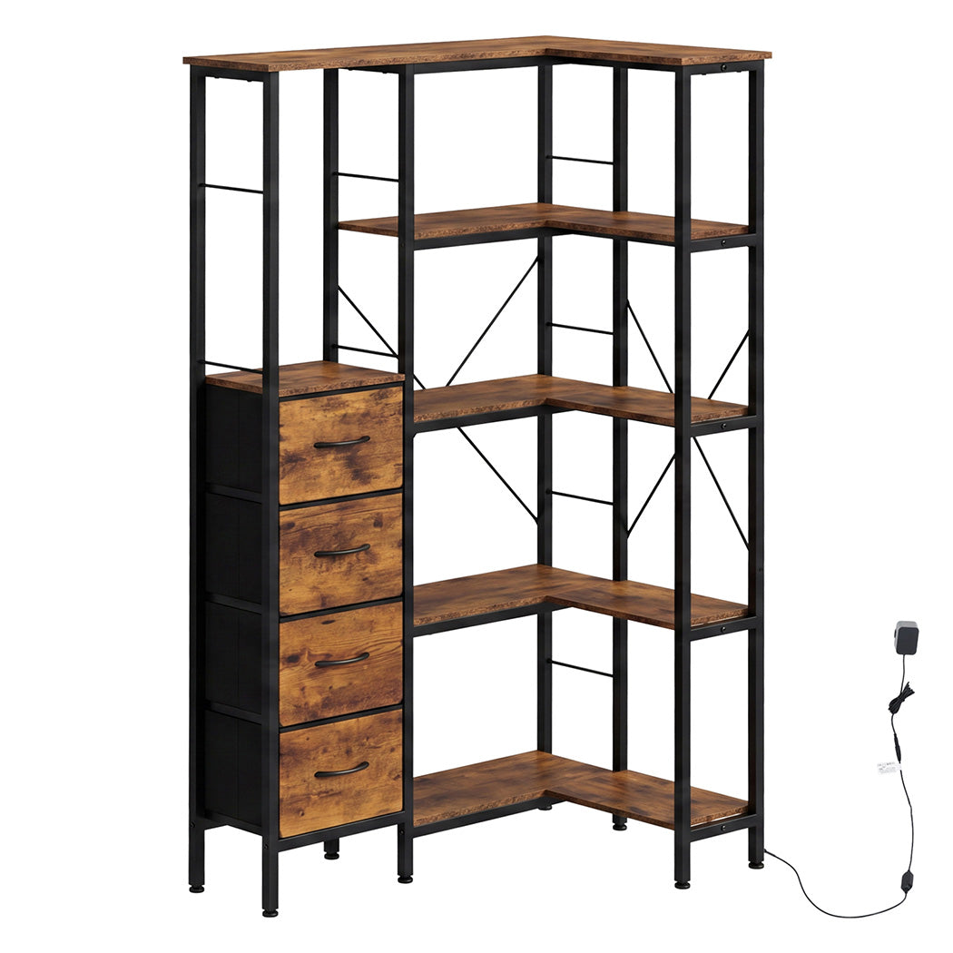 Levede Corner Bookshelf with 4 Fabric Drawers & LED Light 5 Tier Bedroom Rustic
