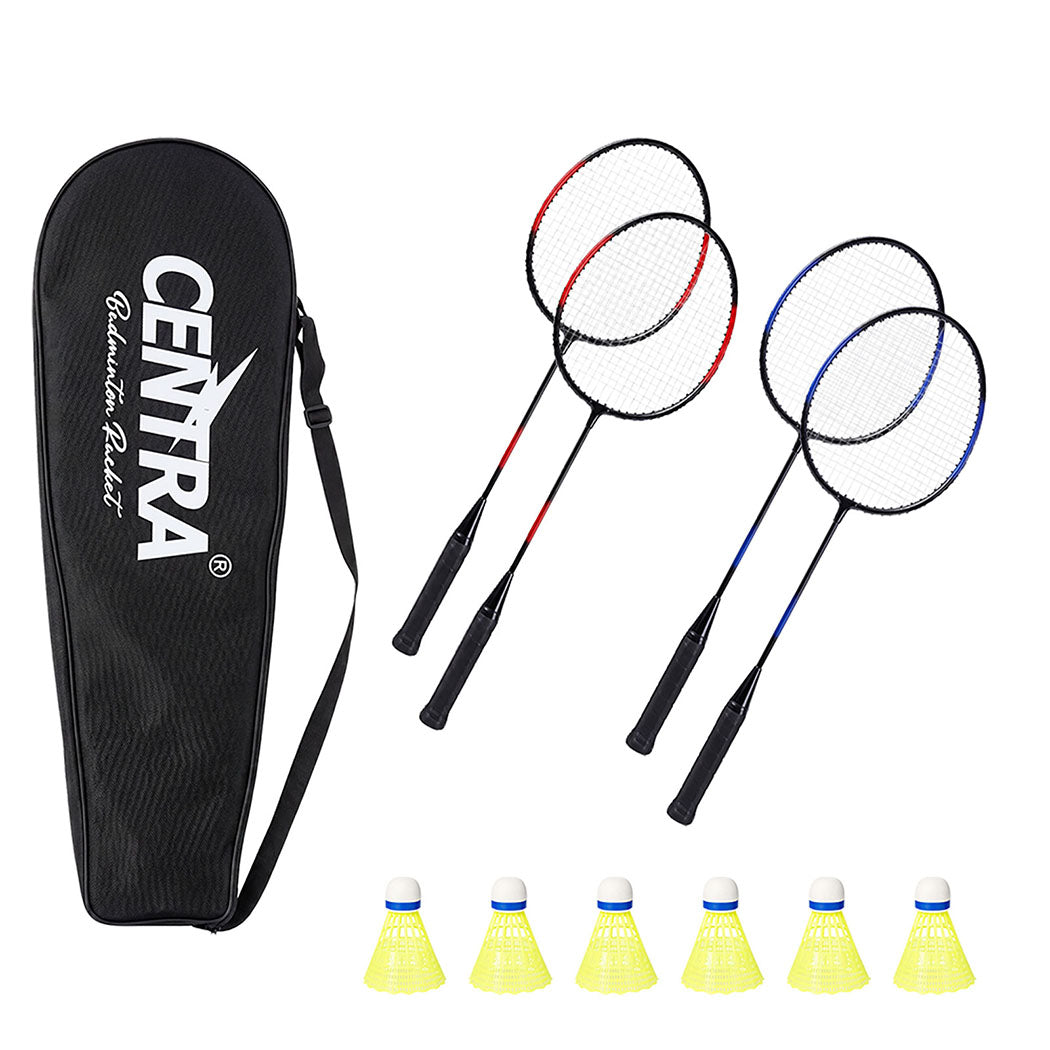 Centra Badminton Set 4 Rackets 6 Shuttles Nylon Aluminium Black Red Blue