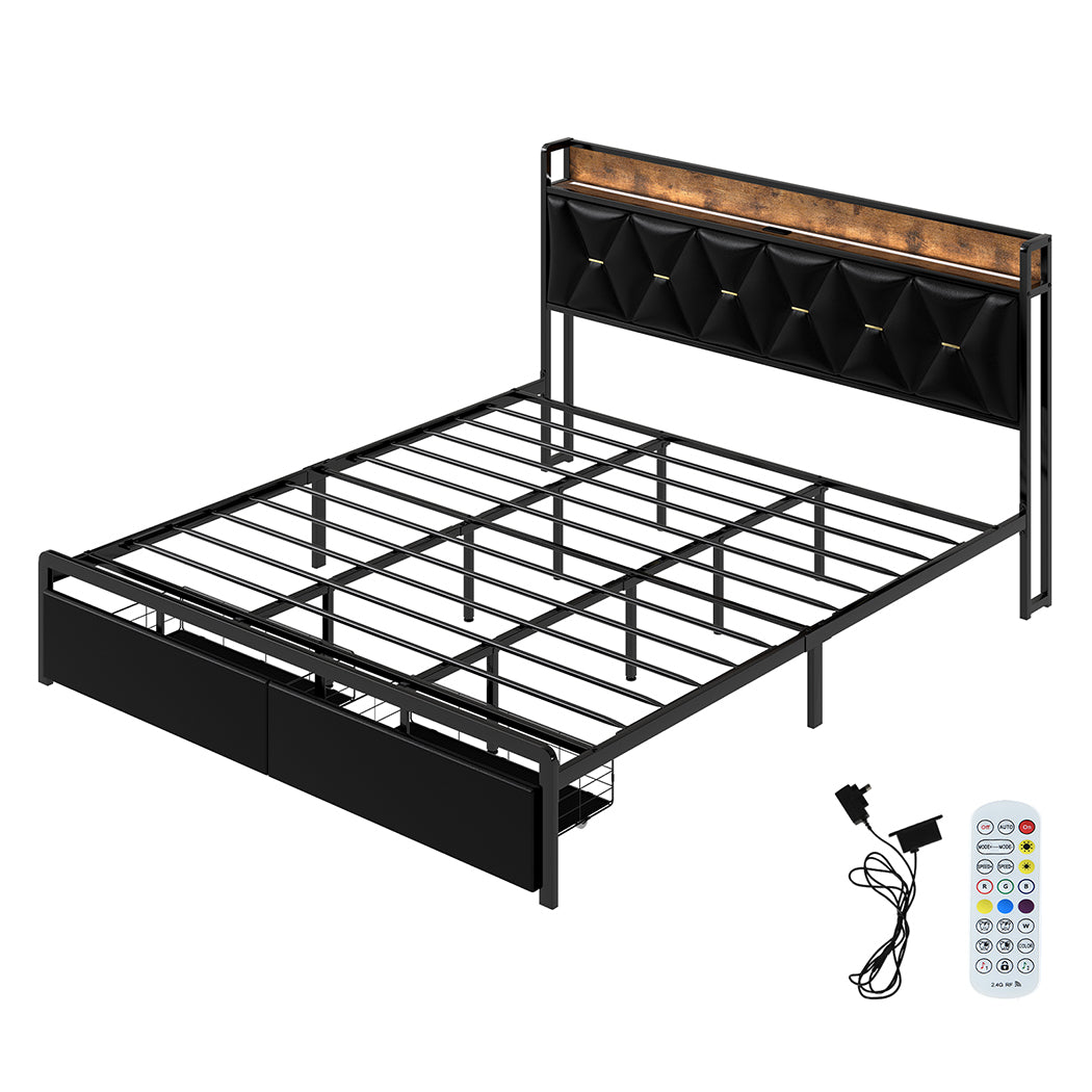 Levede King Bed Frame Leather Headboard RGB 2 Drawers