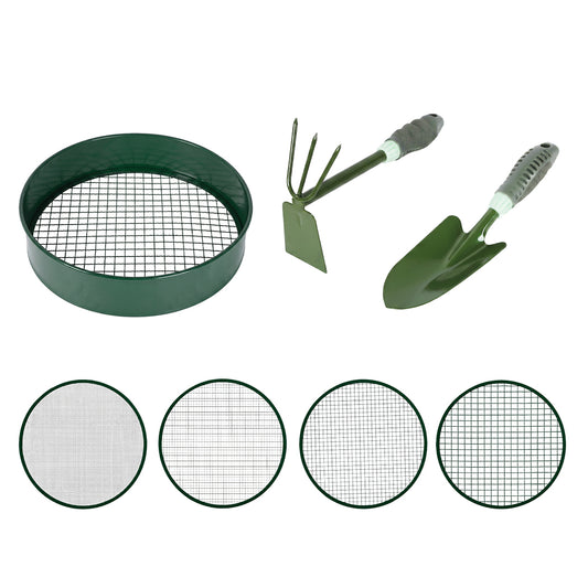 Garden Sieve Soil Sifter Set Metal 4 Mesh Inserts Shovel Hoe for Pots Green