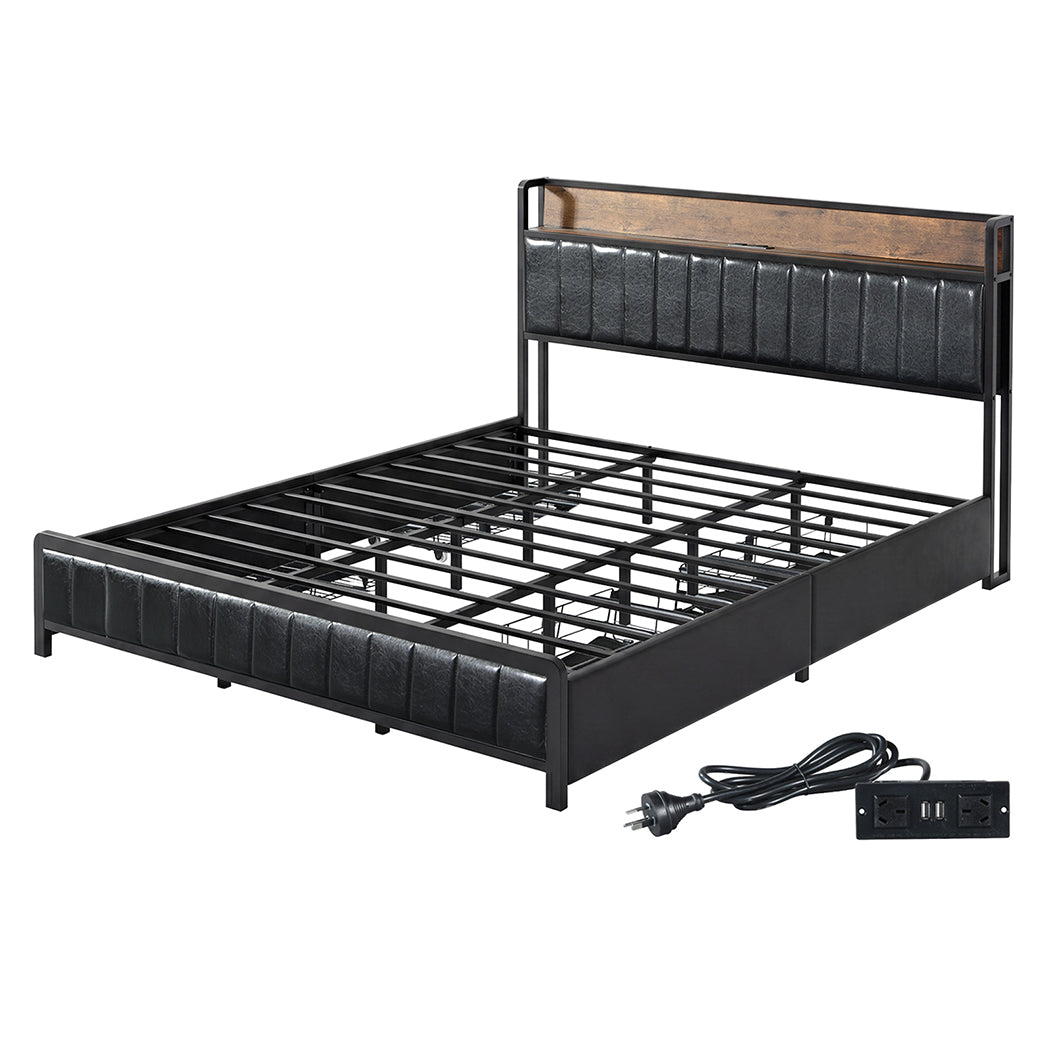 Levede King Bed Frame PU Mattress Base Storage Drawer Headboard USB Charge