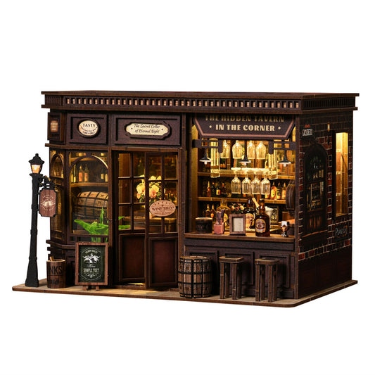Bo Peep Book Nook Kit Vintage Tavern with Warm LED Light for Shelf Decor Walnut