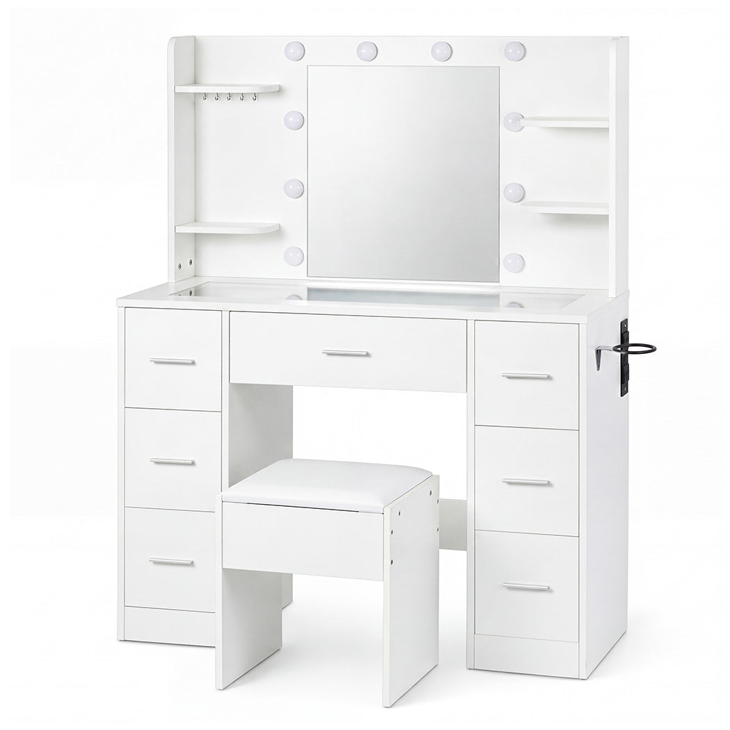 Levede Dressing Table Makeup Vanity with Lights Glass Desktop 7 Drawers White