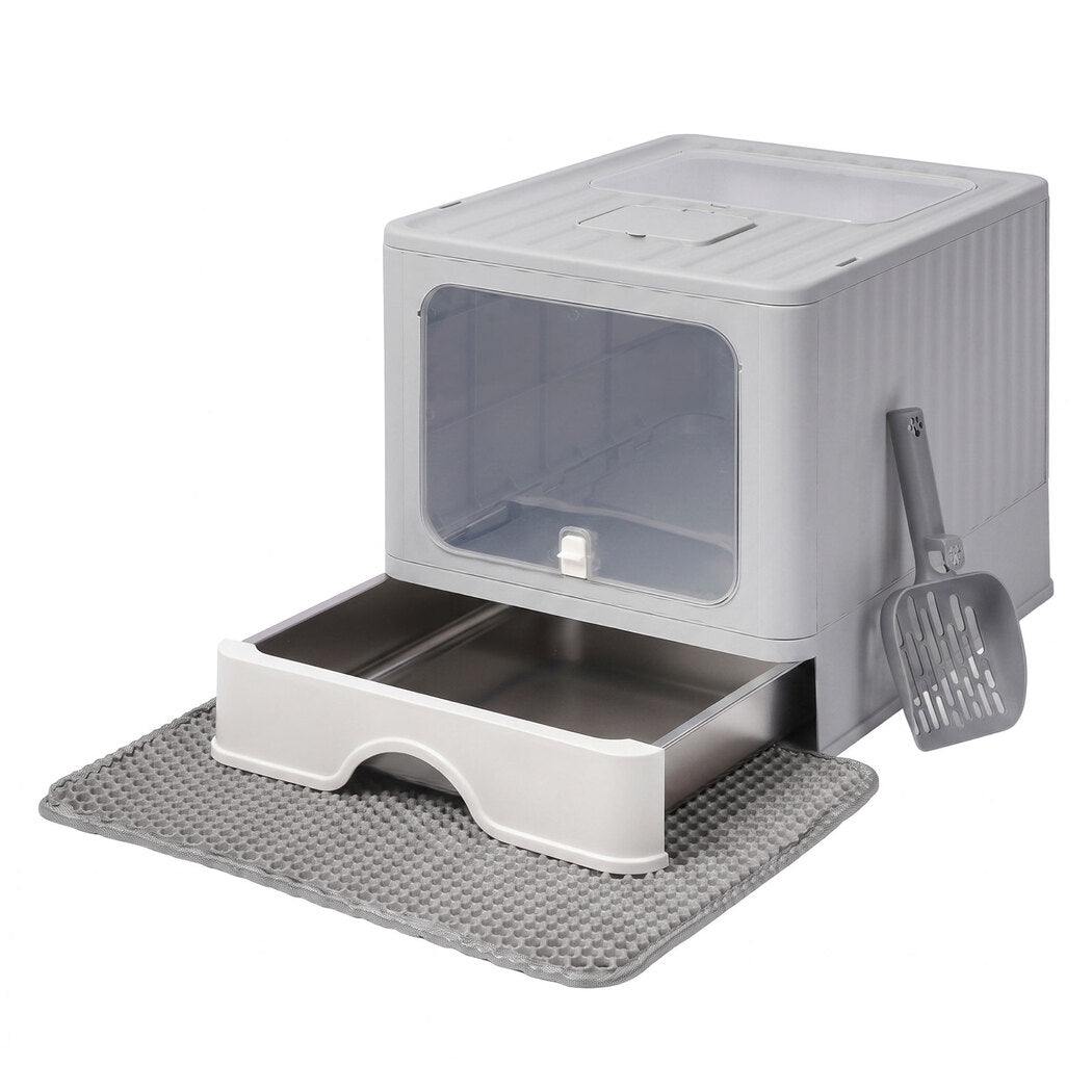 PaWz Cat Litter Box Stainless Steel Enclosed Drawer Odor Control Foldable Grey