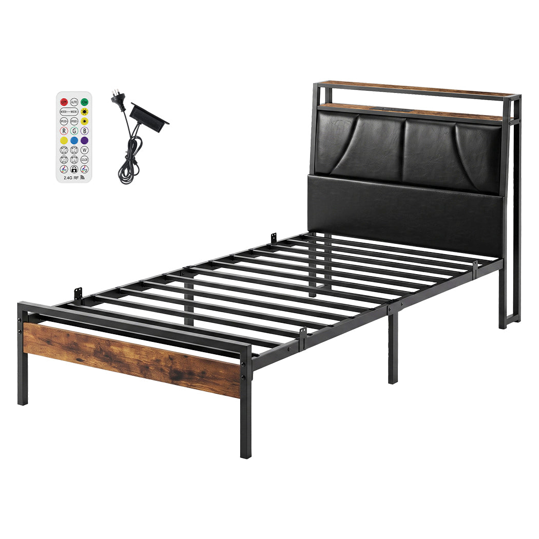 Levede Single Bed Frame PU Upholstered LED Storage Headboard Charging Home Black
