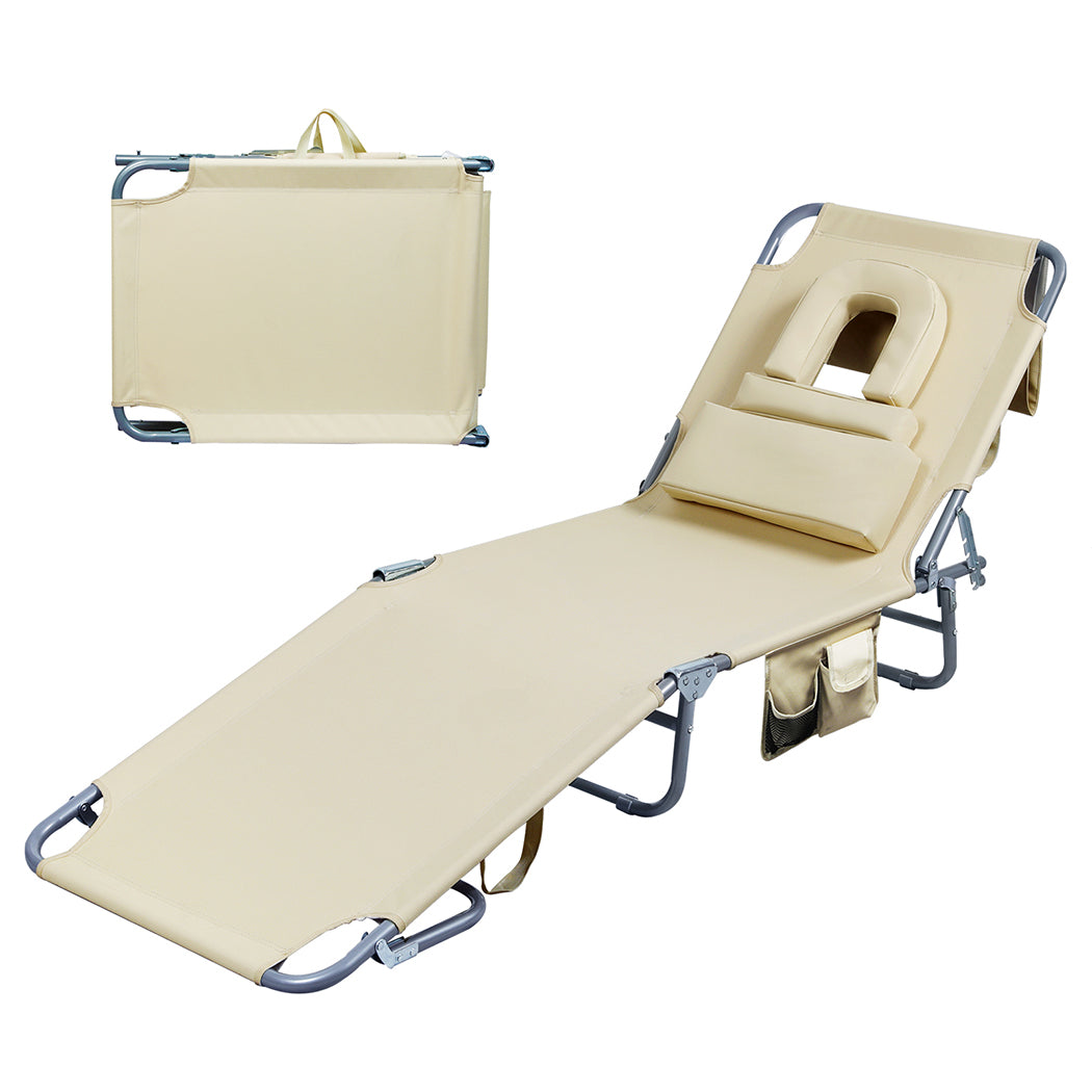 Levede Foldable Beach Lounge Chairs with Face Hole Khaki