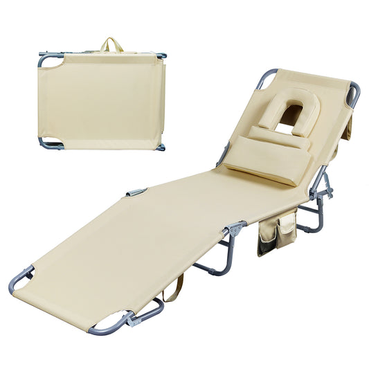 Levede Foldable Beach Lounge Chairs with Face Hole Khaki