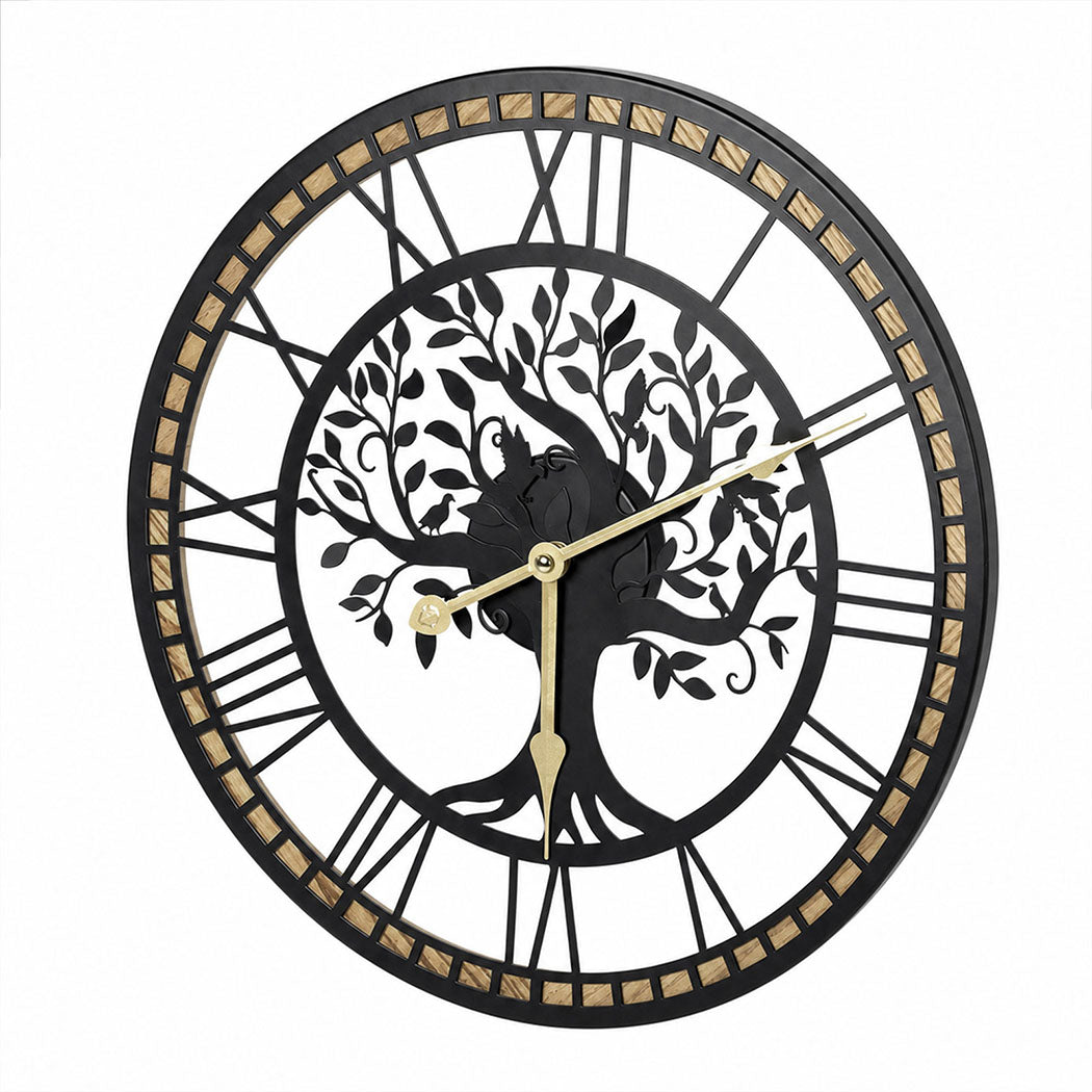 Yezi Wall Clock 40cm Vintage Tree Design Silent Quartz Iron Wood Black