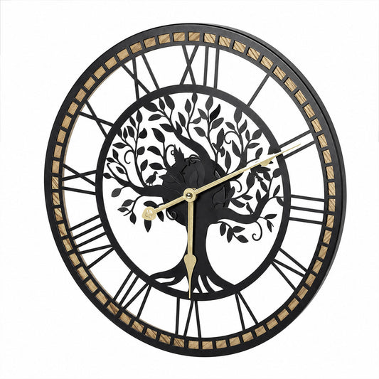 Yezi Wall Clock 40cm Vintage Tree Design Silent Quartz Iron Wood Black