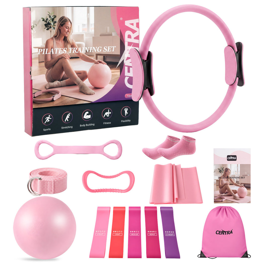 Centra Pilates Kit 13Pc All In One Set with Ring Ball Bands Home Workout Pink