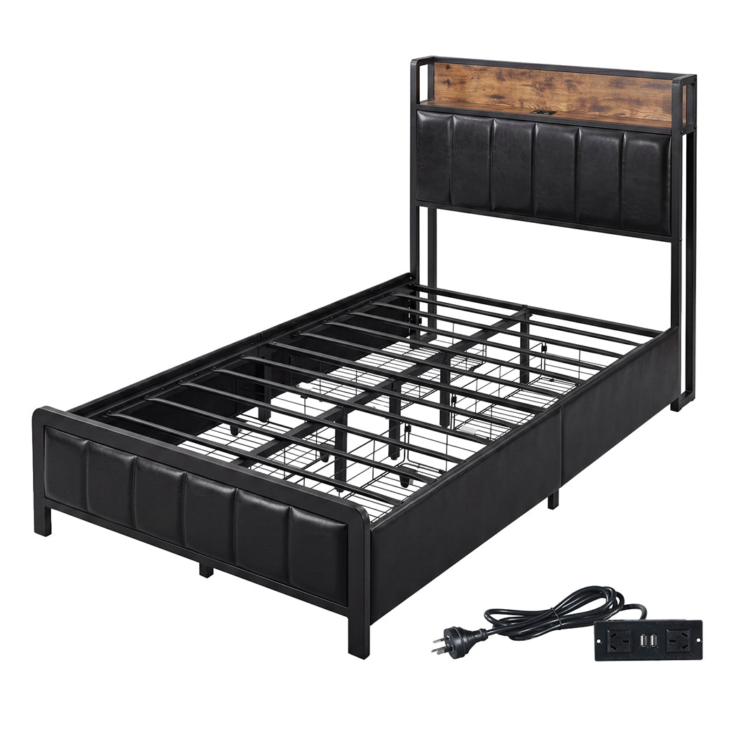 Levede Single Bed Frame PU Mattress Base Storage Drawer Headboard USB Charge