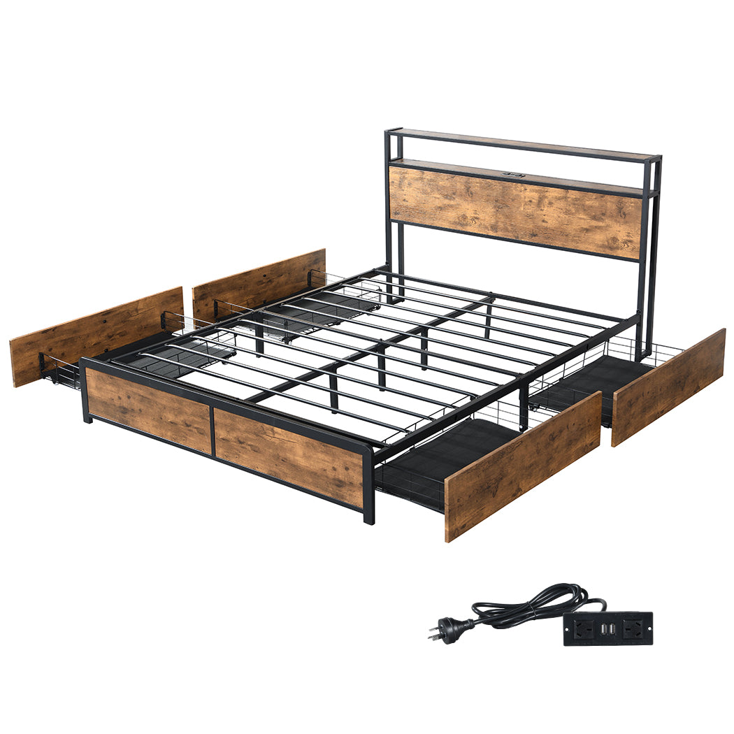 Levede Double Bed Frame RGB LED 4 Drawers USB