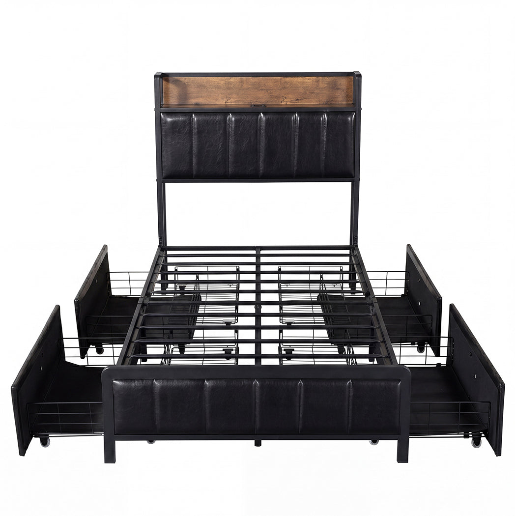 Levede Single Bed Frame PU Mattress Base Storage Drawer Headboard USB Charge
