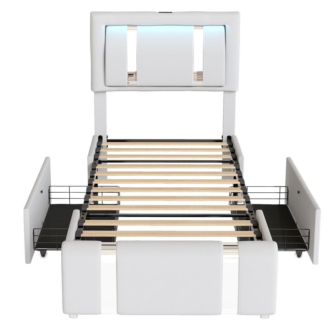 Levede Single Bed Frame Leather Headboard RGB 2 Drawers