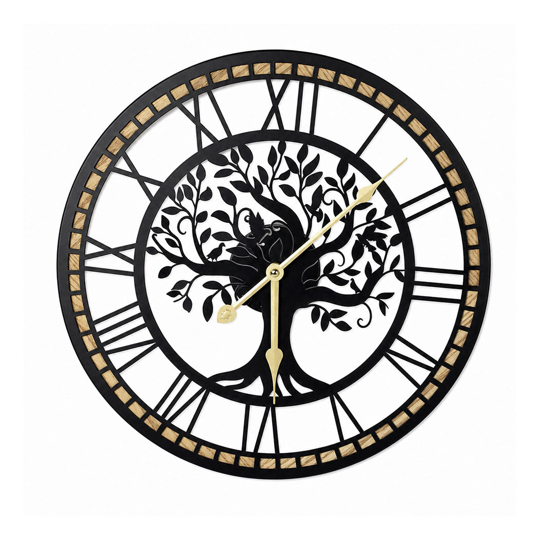 Yezi Wall Clock 40cm Vintage Tree Design Silent Quartz Iron Wood Black