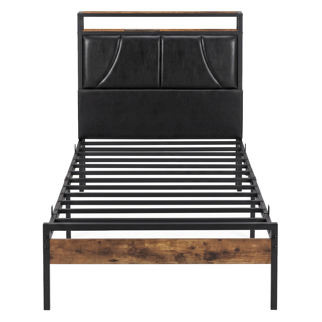 Levede Single Bed Frame PU Upholstered LED Storage Headboard Charging Home Black