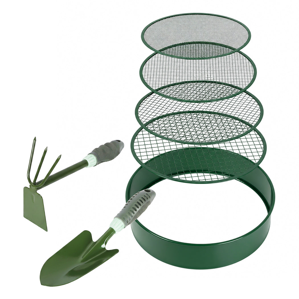 Garden Sieve Soil Sifter Set Metal 4 Mesh Inserts Shovel Hoe for Pots Green