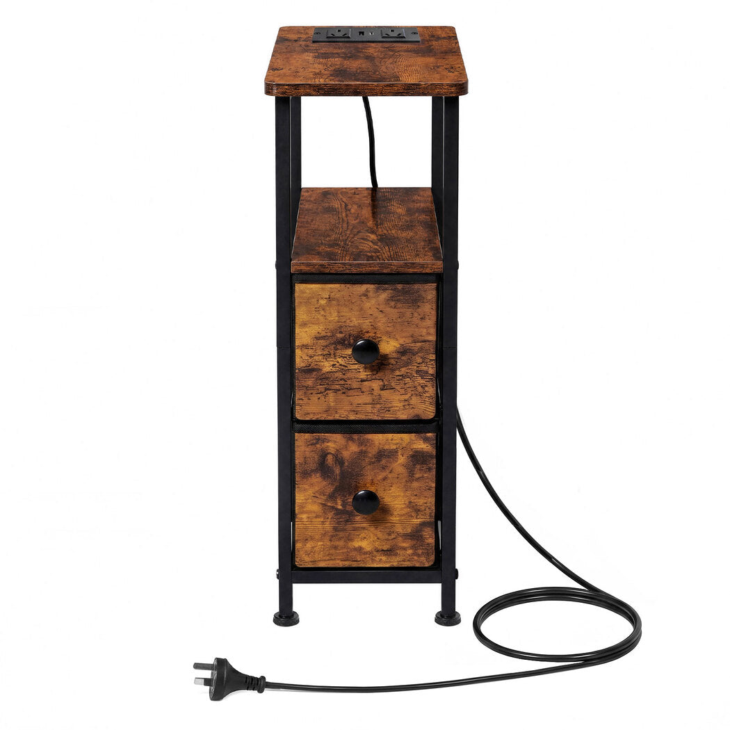 Levede Bedside Table Narrow Side Table with LED Charging Station Brown