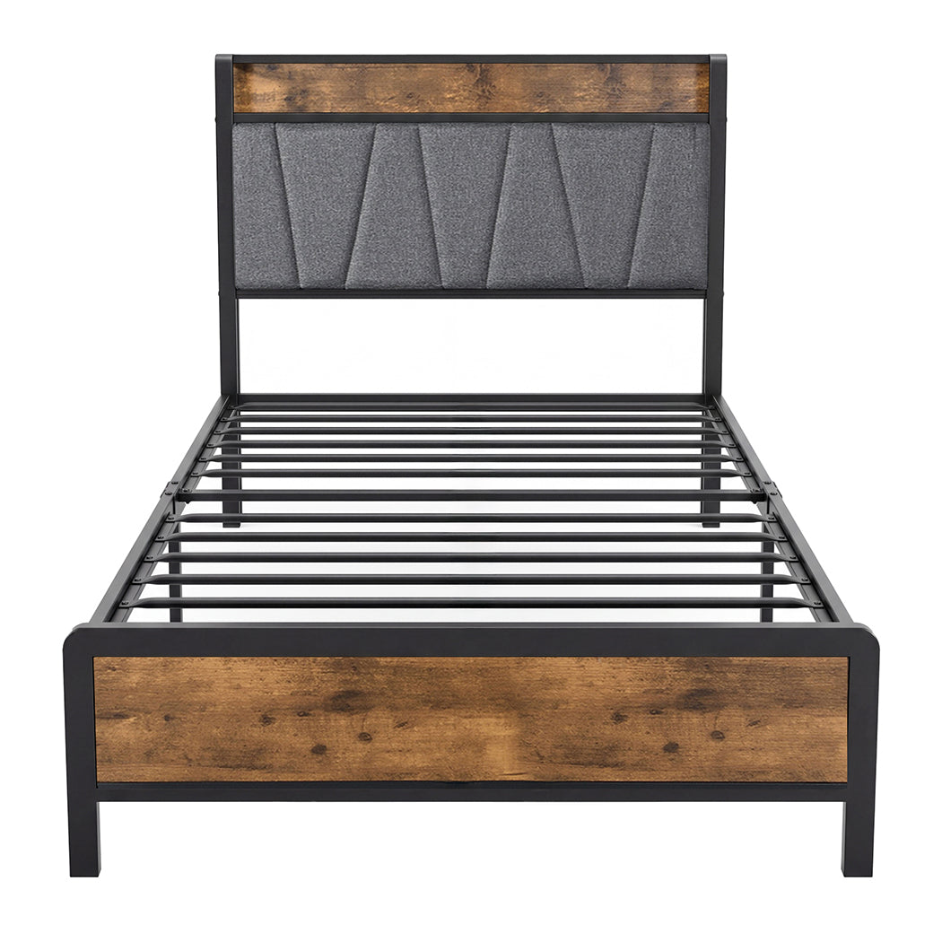 Levede Single Bed Frame Industrial Tufted Soft Storage Headboard USB Charge