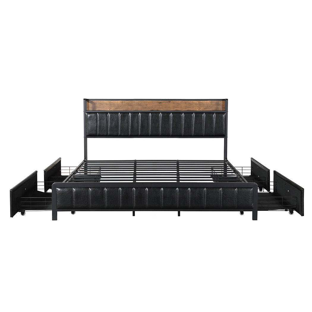 Levede King Bed Frame PU Mattress Base Storage Drawer Headboard USB Charge