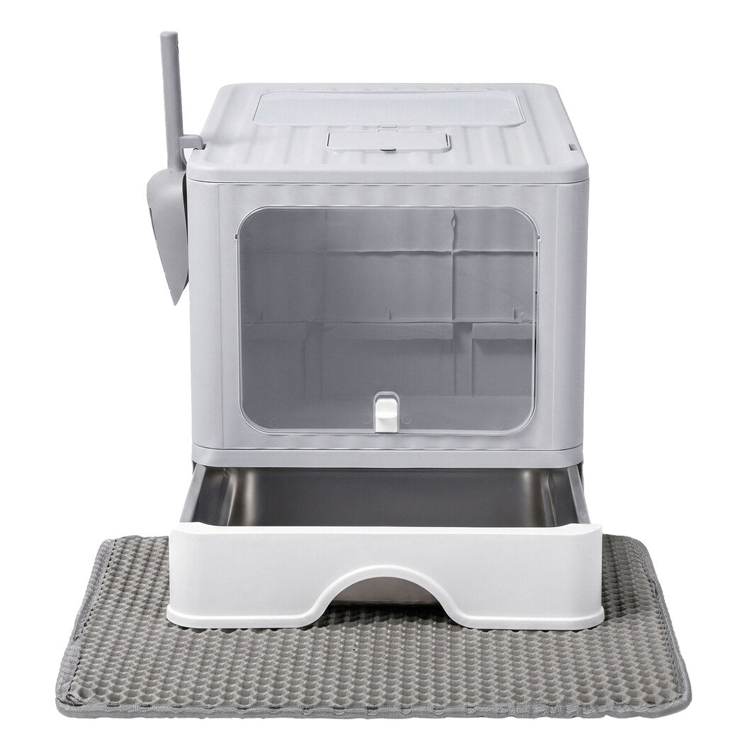PaWz Cat Litter Box Stainless Steel Enclosed Drawer Odor Control Foldable Grey