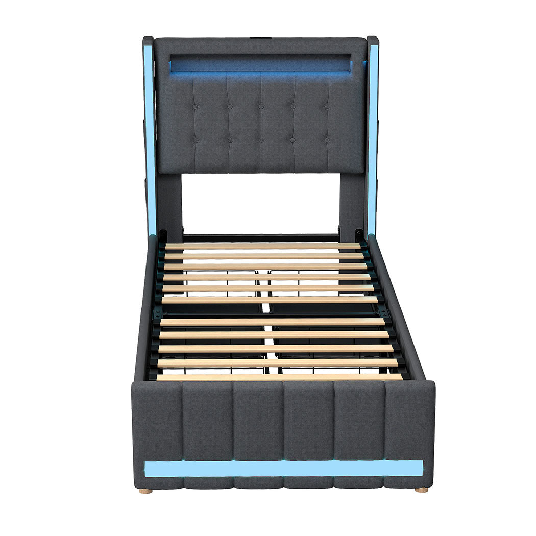 Levede Single Bed Frame Fabric Storage Drawer LED USB