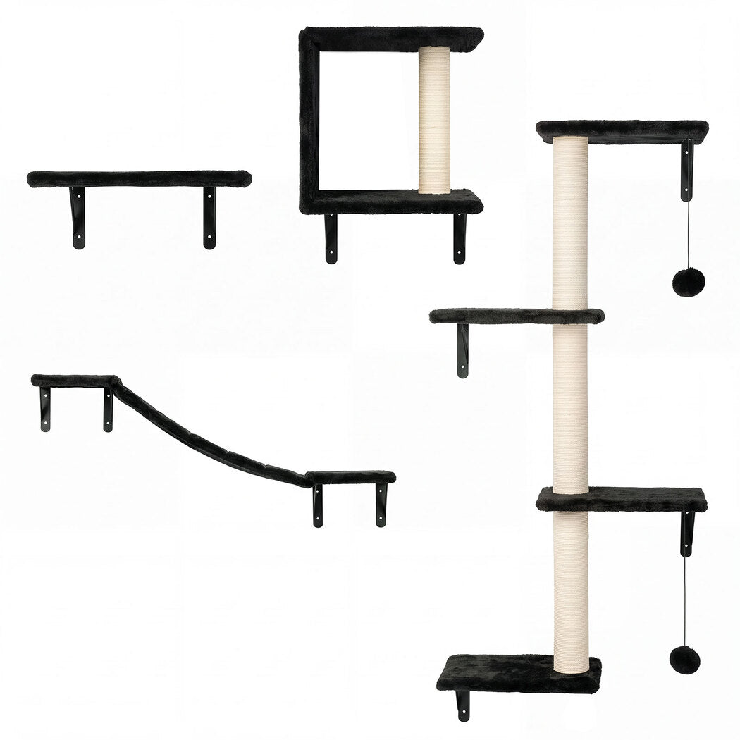 PaWz Cat Wall Shelves set 4 In 1 Modular with Sisal Scratcher for Indoor Black
