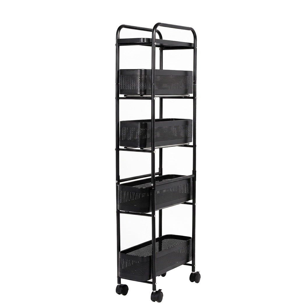 Levede 5 Tier Storage Trolley Slim With Pull Out Drawers For Home Kitchen Black